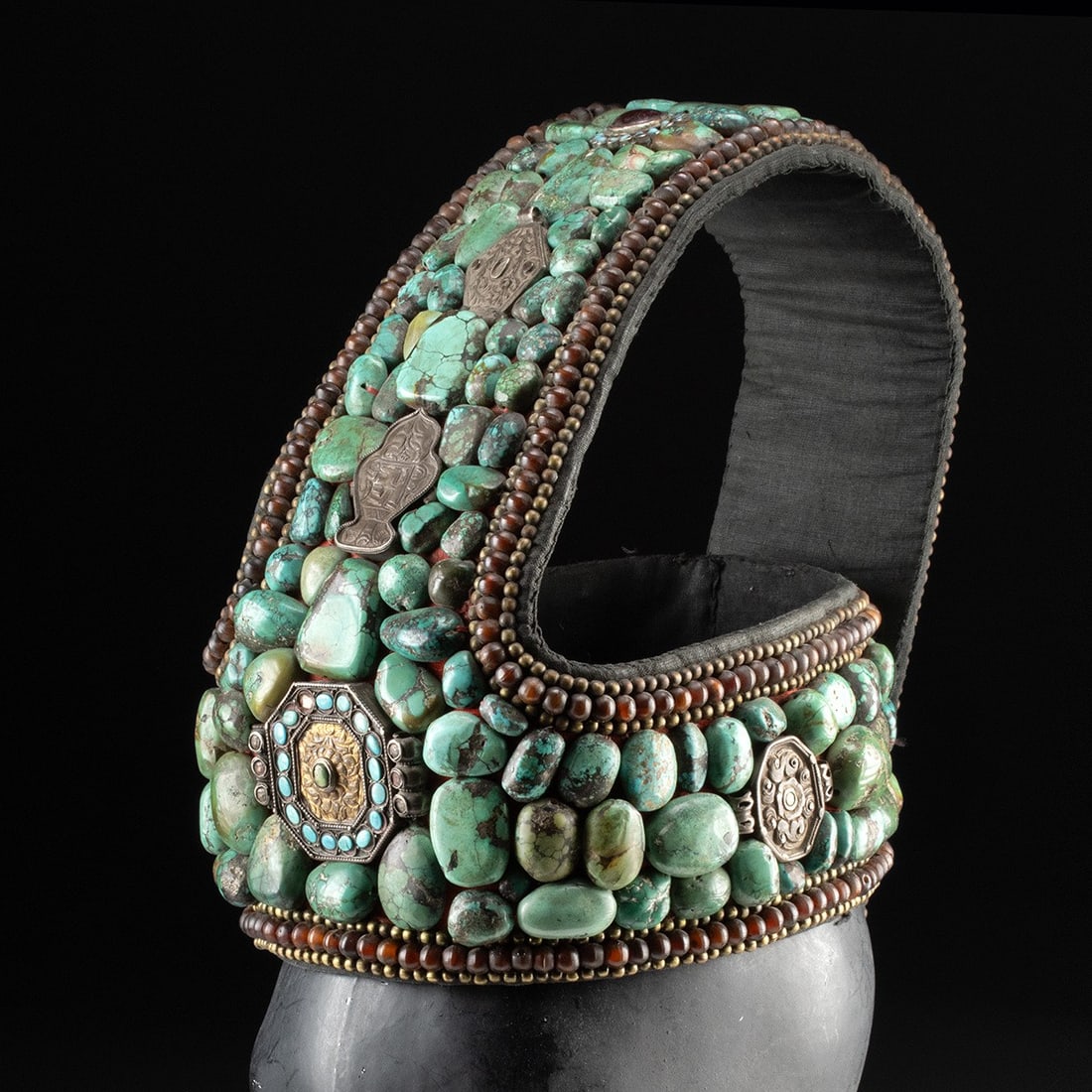 Himalayan Headdress with Turquoise & Silver: Central Asia, Northern India, Ladakh region, ca. early to mid-20th century. A rare and finely adorned perak (perag), the traditional married women's headdress of Ladakh, constructed of padded cloth pa