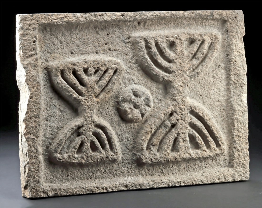 Medieval Jewish Ritual Stone Panel Double Menorahs (1 of 3)