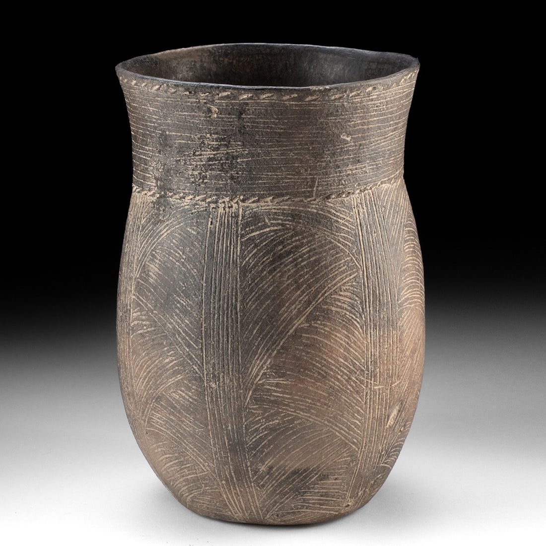 Caddo Incised Pottery Jar with Fan Motifs (1 of 3)