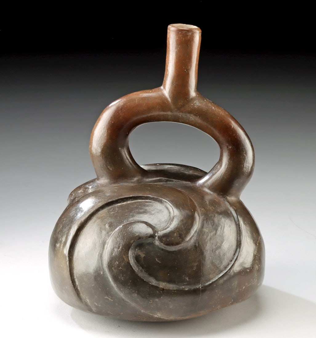 Moche Blackware Stirrup Spout Vessel Spiral Octopus Motif (1 of 5)