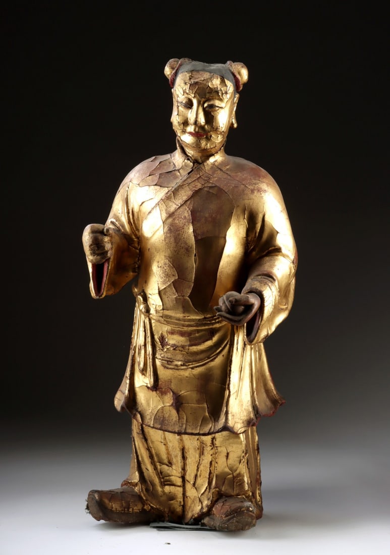 Qing Dynasty Gilt Lacquer Papier-Mache Temple Attendant Figure with Peach (1 of 3)