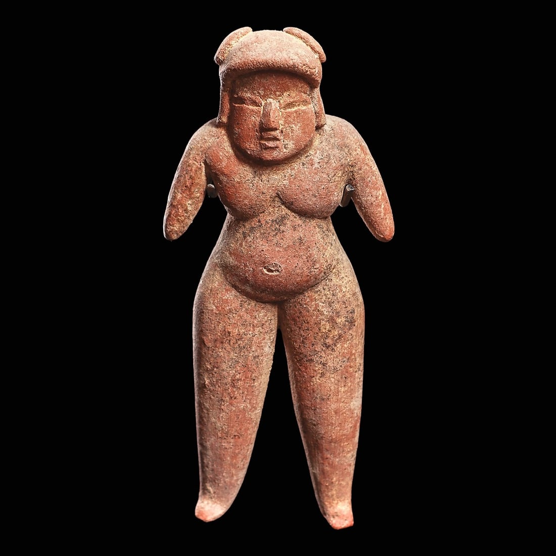 Las Bocas Standing Figure: Las Bocas, Olmec regions, ca. 1150 - 550 BCE. Buff solid pottery figure with proportionally long legs, paunchy body and the appearance of shrugged shoulders, classic defined face. Custom metal base.3.