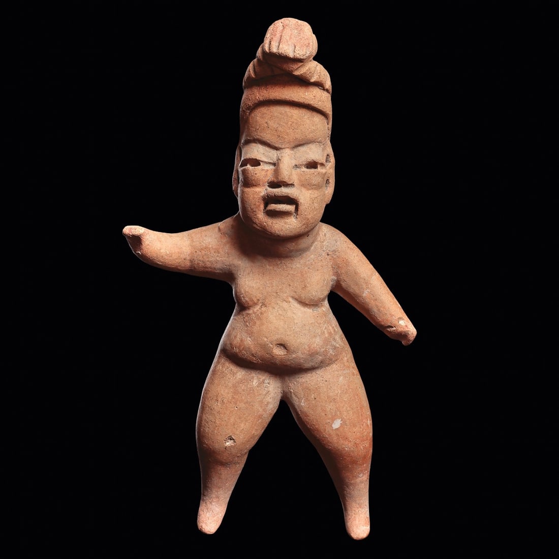 Olmec Las Bocas Standing Figure: Las Bocas, ca. 1150 - 550 BC.. Large solid pottery standing figure holding the left arm away from her body and right arm raised. Plump belly and wide rounded hips. A very nicely sculpted example.11.5&