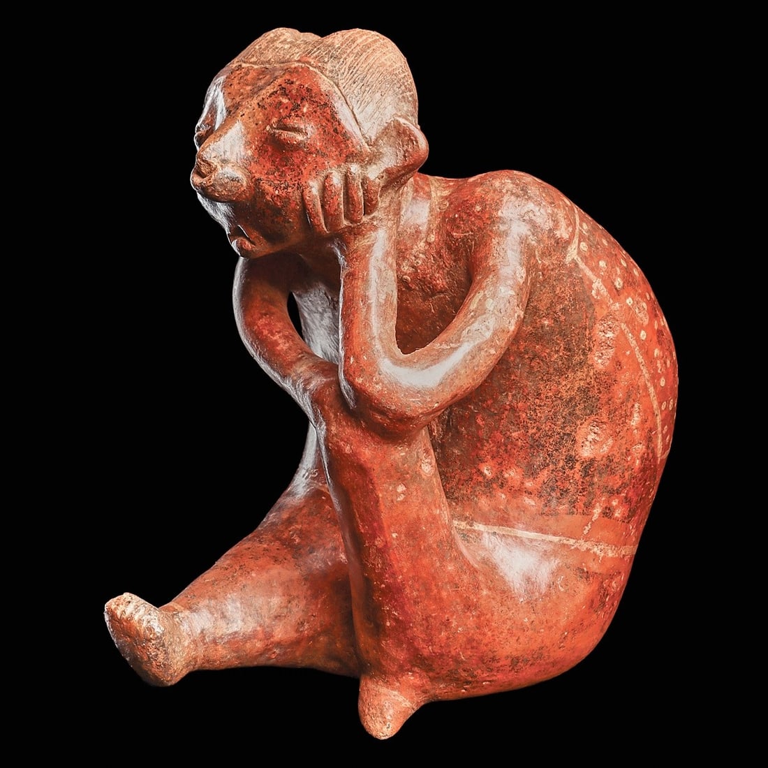 Chinesco Type B Seated Man Mourning Figure: Nayarit, ca. 100 BCE - 250 CE. Reddish-orange ware pottery figure depicting a man sitting with his right leg extended forward. Resting his elbow and hand on his raised left knee, hand on his left jaw,