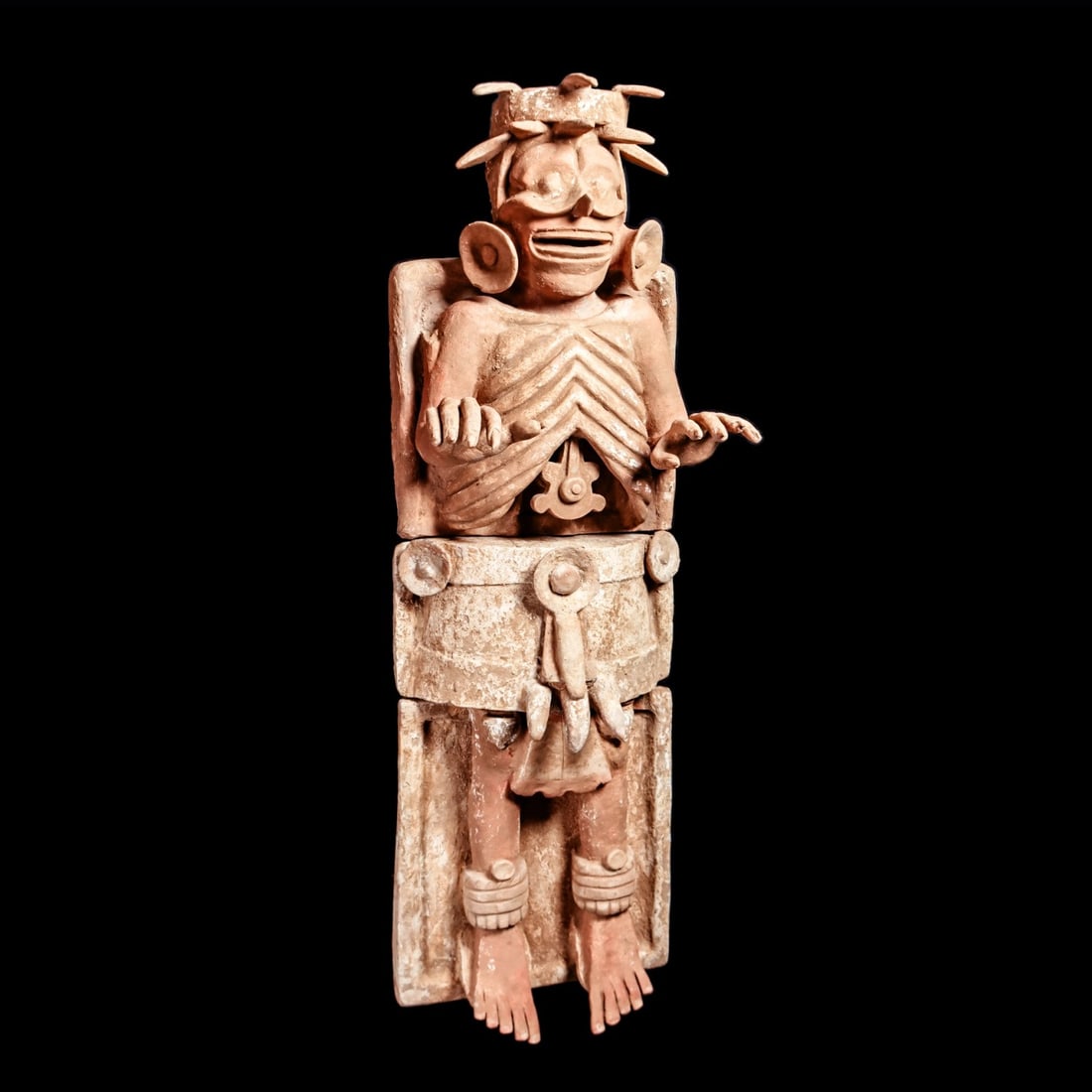 Aztec Monumental God Mictlantecuhtli: Aztec Empire, ca. 1000 - 1450 CE. Monumental three piece natural buff color pottery sculpture depicting the god Mictlantecuhtli who was the primary Aztec god of death and ruler of Mictlán, the lo