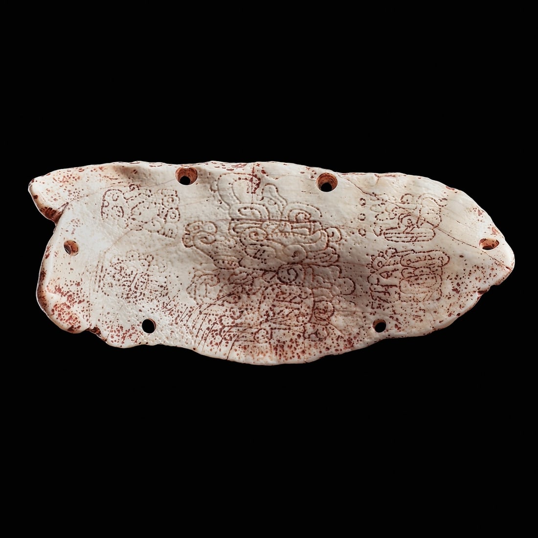 Maya Decorated Shell Decorated Pectoral: Maya regions, ca. 500 - 800 CE. Carved giant scallop shell pectoral decorated with an incised and stipple-detailed, seated chief in the center, wearing a fancy headdress and ear ornaments. Flanked on 