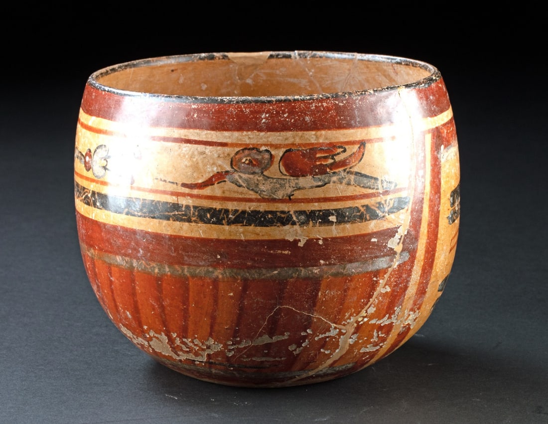 Maya Polychrome Bowl w/ Birds: Pre-Columbian, Central America, Guatemala, Peten Region, Maya, Late Classic Period., ca. 550 - 900 CE. A hand-built pottery bowl of a flat-bottomed form with highly burnished exterior walls decorated 