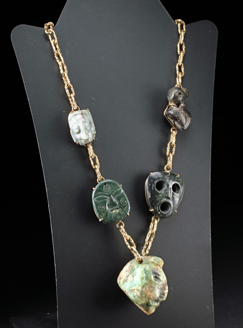 14kt Gold Necklace w/ Ancient Maya & Olmec Stone Face Pendants (1 of 4)
