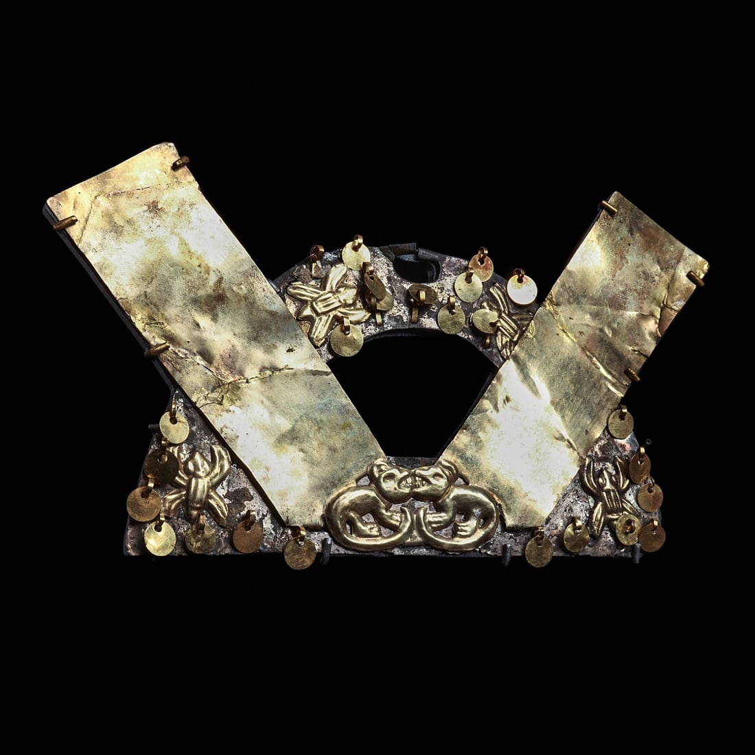 Large Gold & Silver Nose Ornament: North coast., ca. 100 - 300 CE. Elaborate, large gold and silver nose ornament having two large sheet gold rectangular rays with two relief gold jaguars facing each other, with open toothy mouths and 