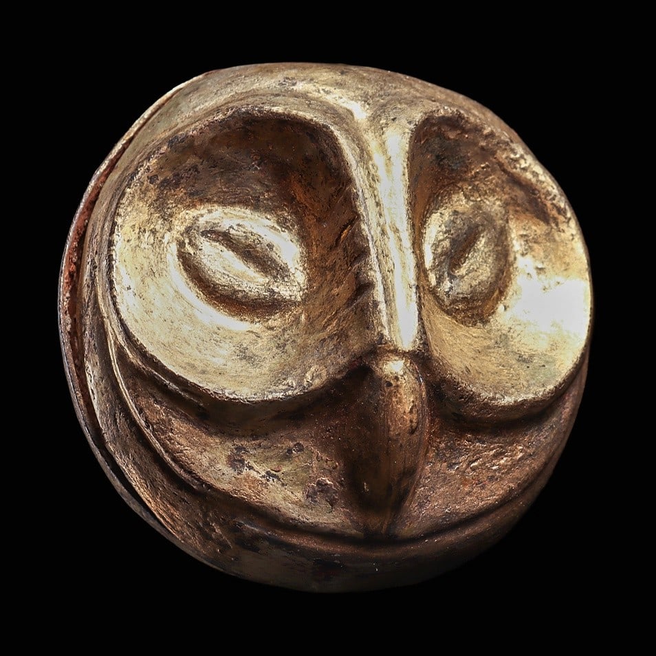 Moche Gilt Copper Owl Head Bell (1 of 4)