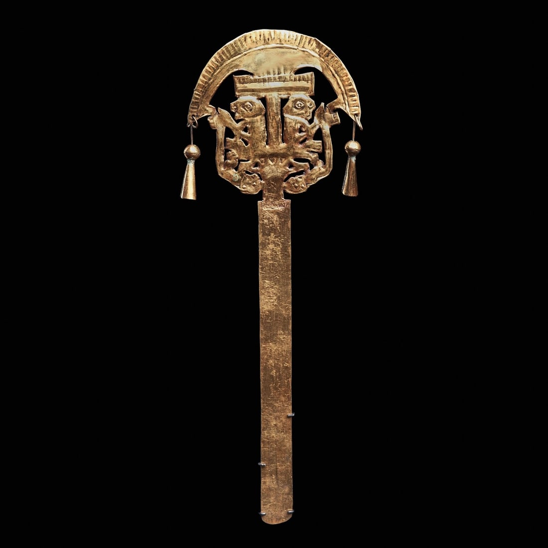 Sican Gold Tumi Scepter: Lambayeque, ca. 700 - 1000 CE. Sheet gold scepter with two depictions of Nayalam the Emperor, seated back to back, holding bell shaped ornaments, upside down jaguars below, giant tumi roof above, prob