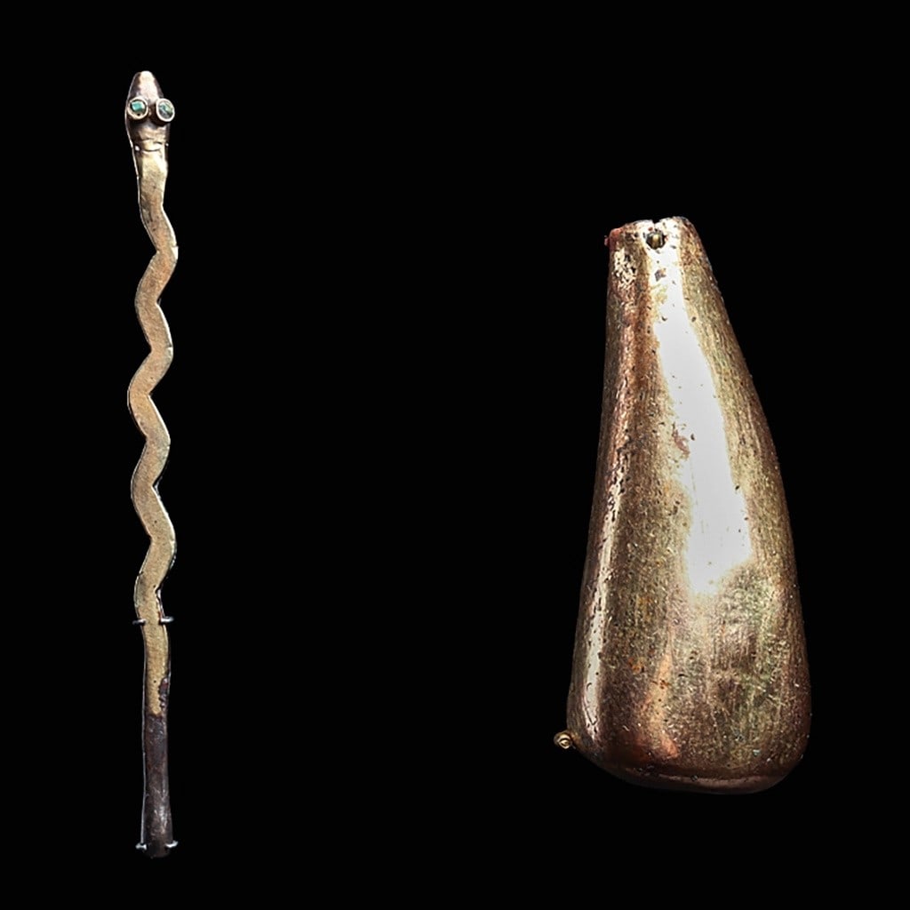 Moche Gold Coca Poporo & Serpent Spoon (2): Loma Negra, ca. 100 BCE - 100 CE. Coca poporo made from a heavy sheet copper construction with a thick gilt surface, of pod form with two tiny suspension holes at the top rim. A rare example. Together