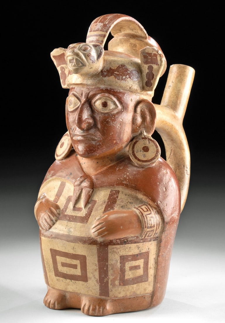 Moche Phase IV Stirrup Vessel - Seated Shaman, Jaguar Headdress (1 of 5)
