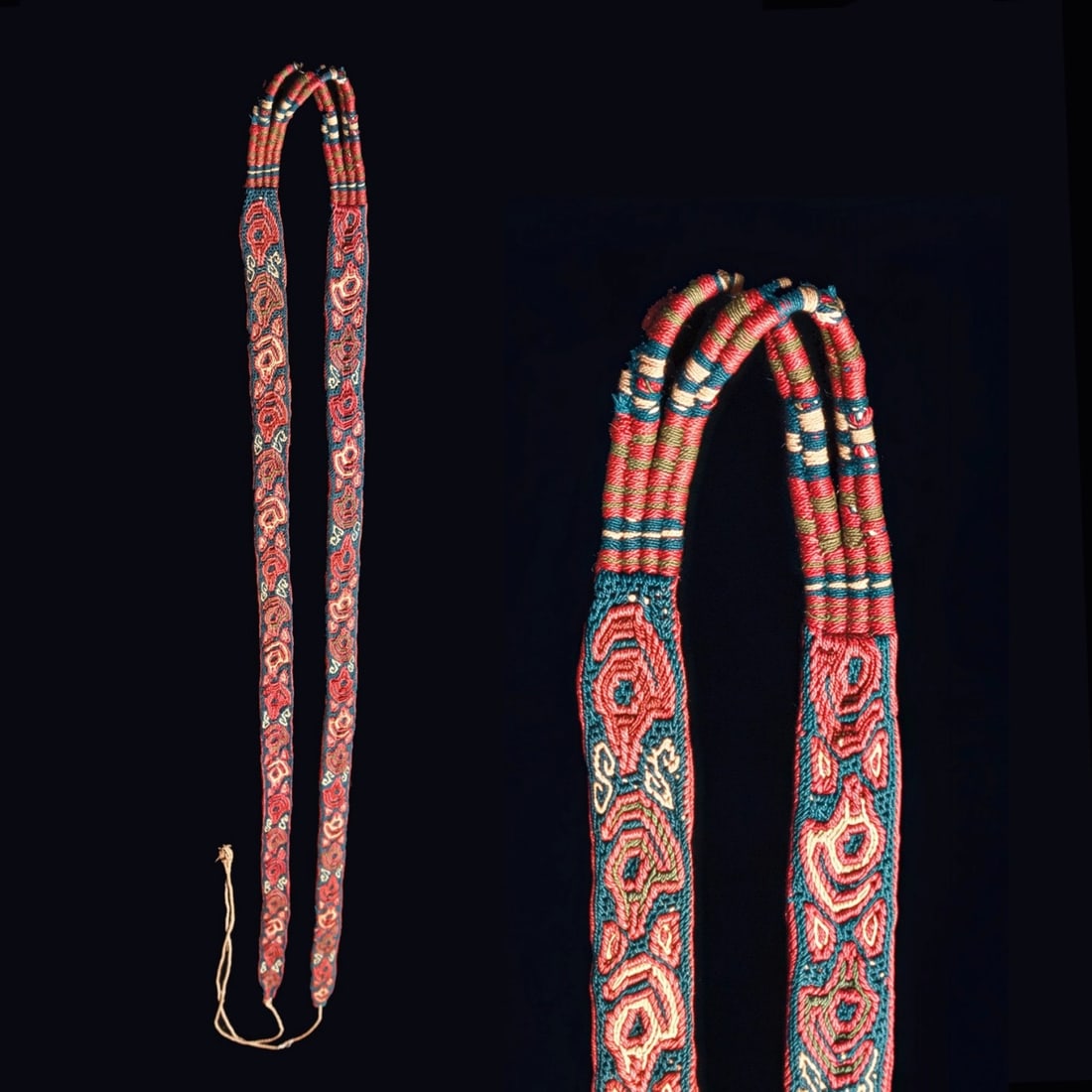 Chuquibamba Woven Tumpline Decorated With Birds: South coast, ca. 1460 - 1540 CE. Fine woven multicolor textile tumpline belt beautifully decorated with thirty-nine birds on both the front and back, seventy-eight total birds. A simple string tie at 