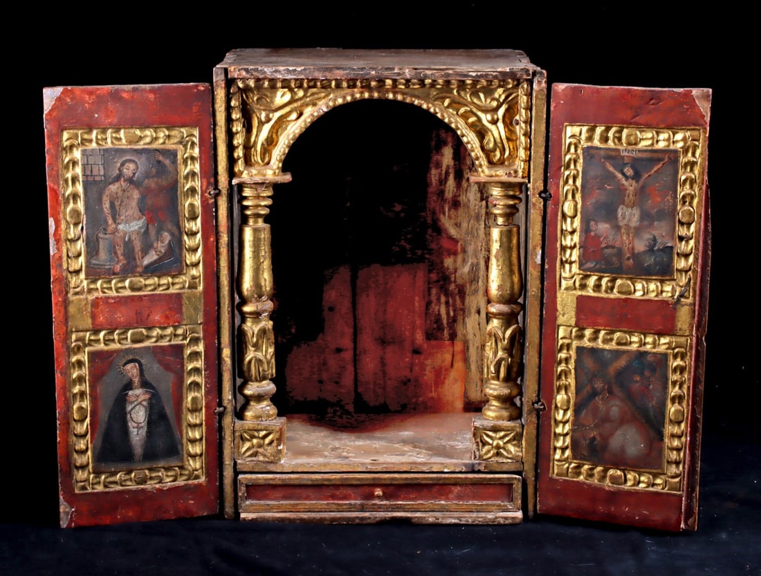 18th C. Cusco School Oratorio Portátil, Viceregal Peru, ex-Holler & Saunders: Spanish Colonial, Viceregal Peru, Cusco School., ca. 1720 - 1780 CE. This is an exceptionally rare and scholarly object — a Cusqueno portable devotional oratory (oratorio portátil), the dom