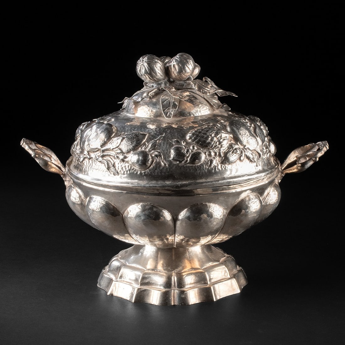 Large 19th C. Andean Silvered Coquera w/ Lid: South America, Andean region (Bolivia or Peru), Republican period., ca. 1800 - 1999 CE. A substantial Andean coquera of silvered nickel silver, assembled from two components of related but distinct ma