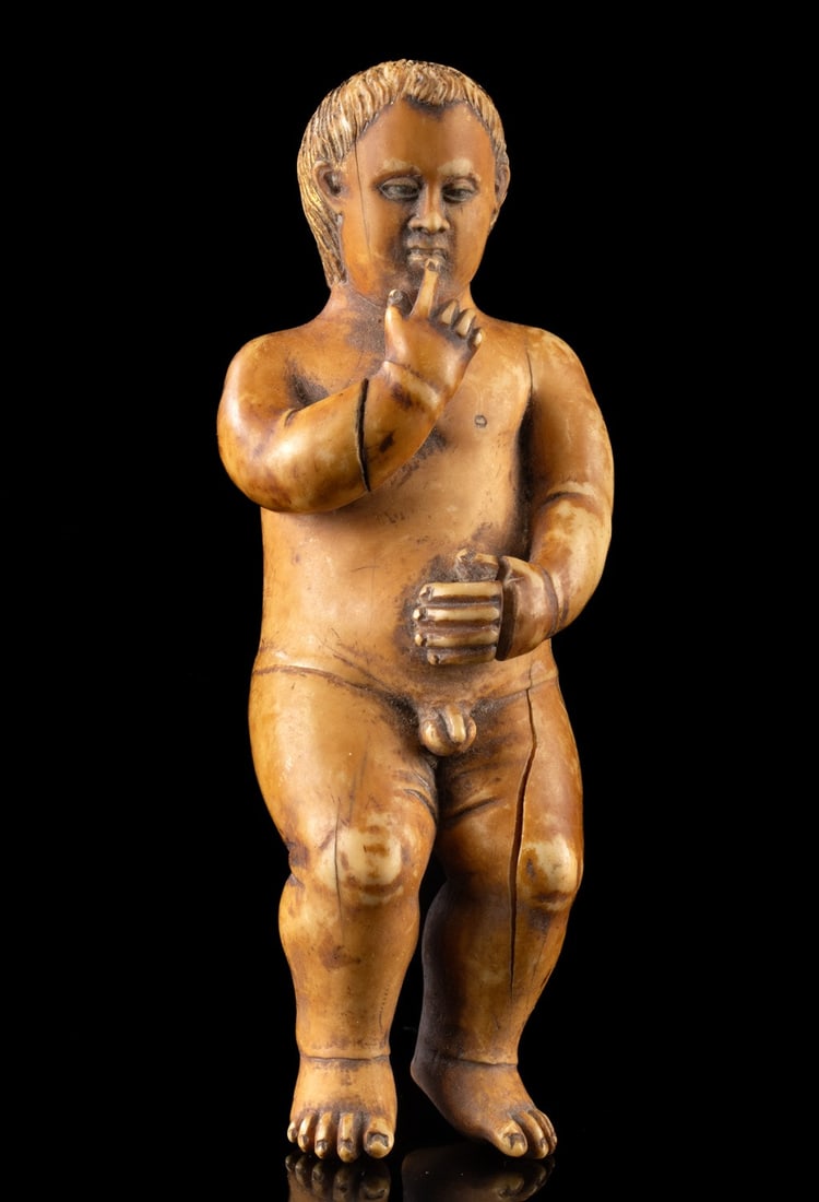 17th C. Indo-Portuguese Goan Bone Christ Child: South Asia, India, Goa, Indo-Portuguese., ca. 1600 - 1699 CE. A finely carved Indo-Portuguese ungulate bone figure of the nude Christ Child, his softly rounded form rendered with naturalistic sensitiv
