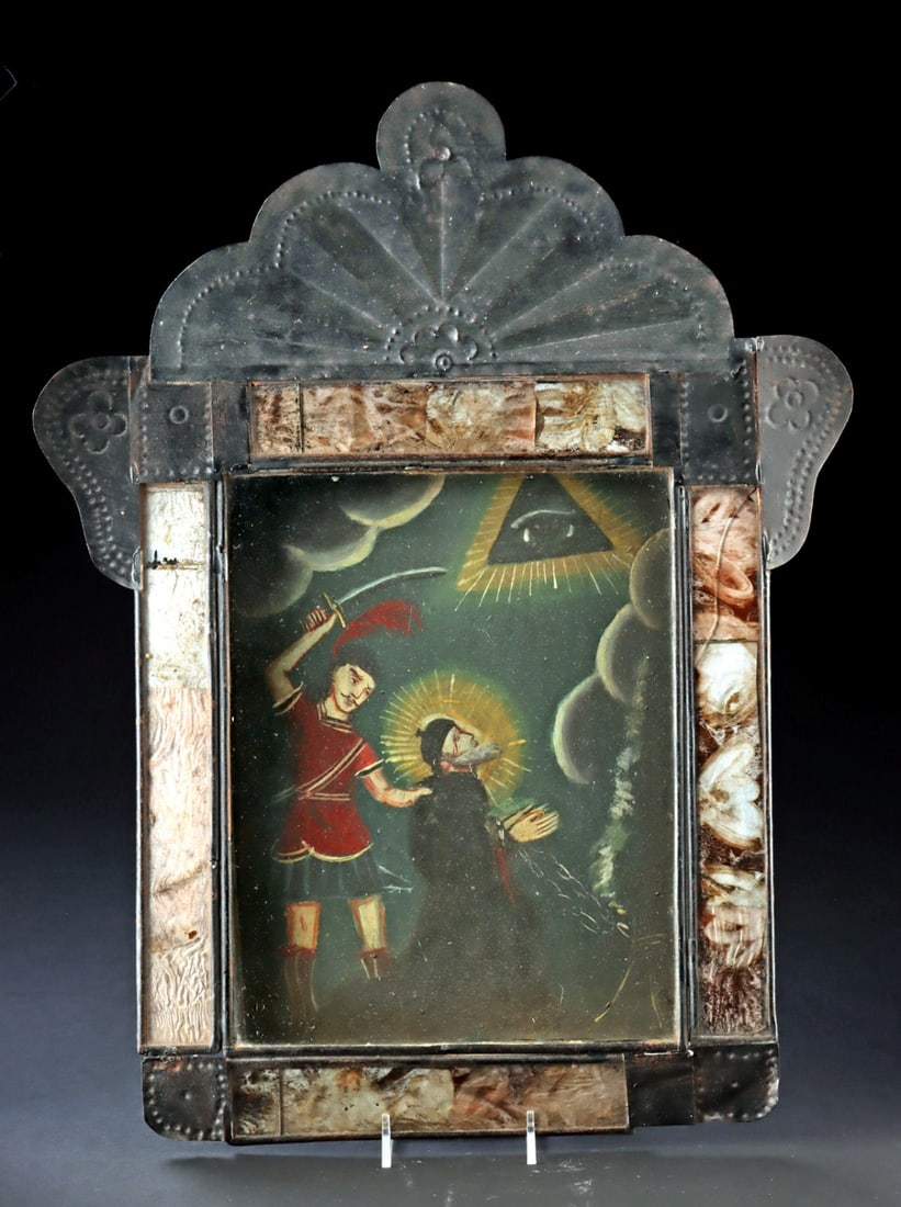 Mexican Retablo, Martyrdom St. Peter of Verona, ex-Holler & Saunders: Latin America, Mexico., ca. 1900 - 1966 CE. An oil on metal retablo depicting the martyrdom of Saint Peter of Verona, set within a pressed and punched iron frame with painted cloth panels under glass.