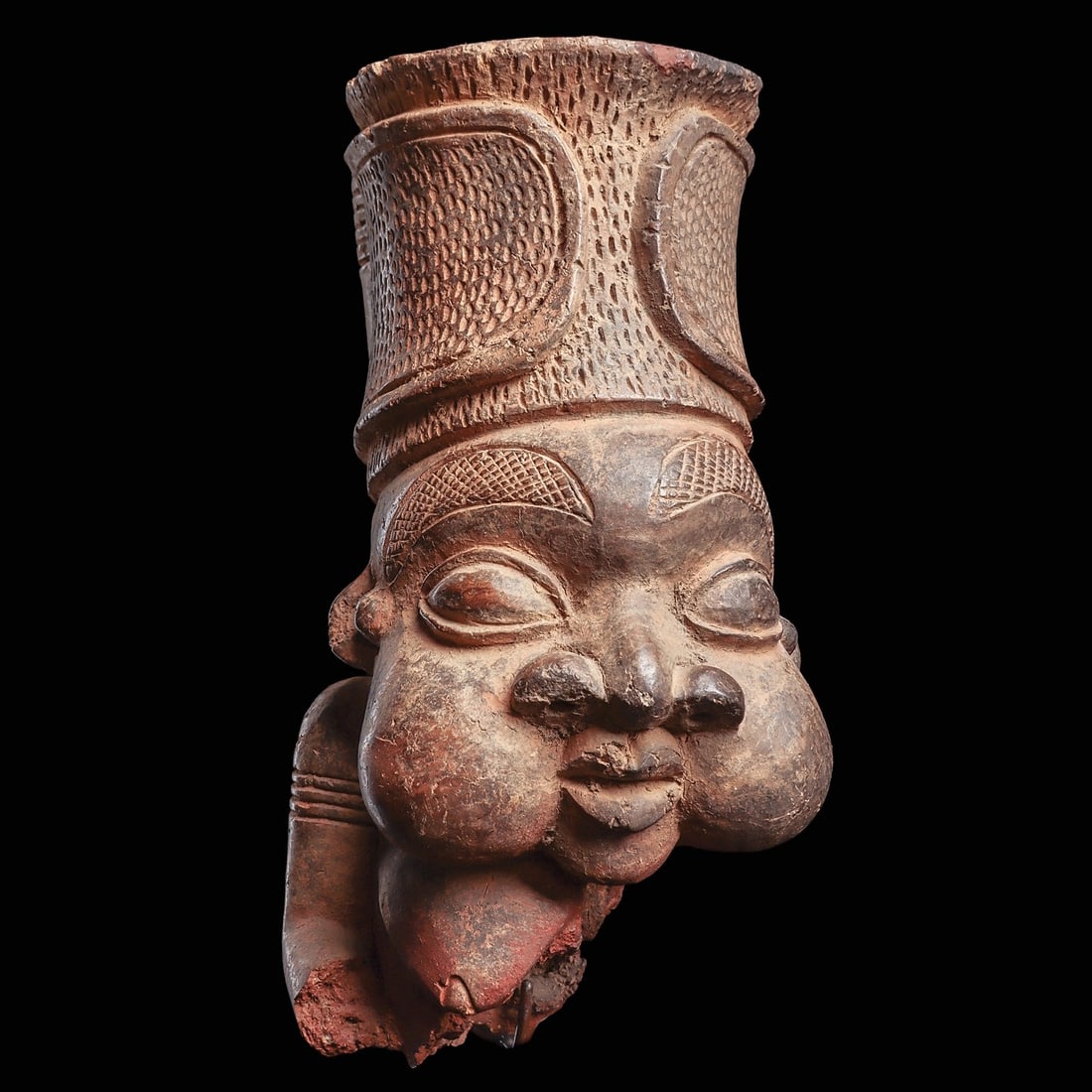 Large Royal Bamum Pipe Fragment: Cameroon, . Custom base. “Its unusually large size strongly suggests that this was a royal pipe, probably not smoked but used for display on ceremonial occasions. Puffy cheeks, so