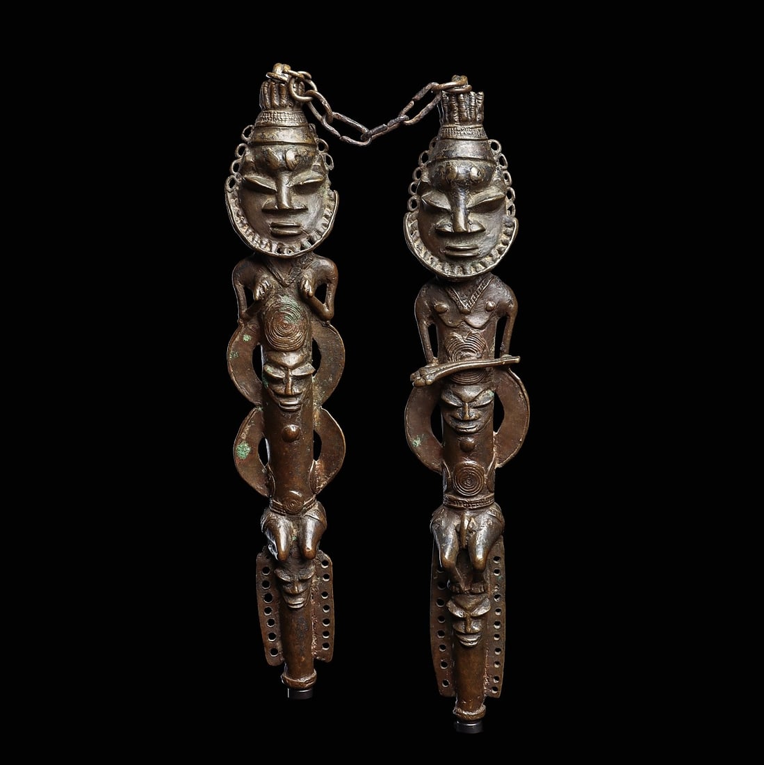 Pair of Bronze Ogboni Figures: Provenance: Private CA. collection; ex. private collection, France. Notice: We coordinate worldwide shipping to most destinations, overseeing every detail in-house to guarantee a smooth and