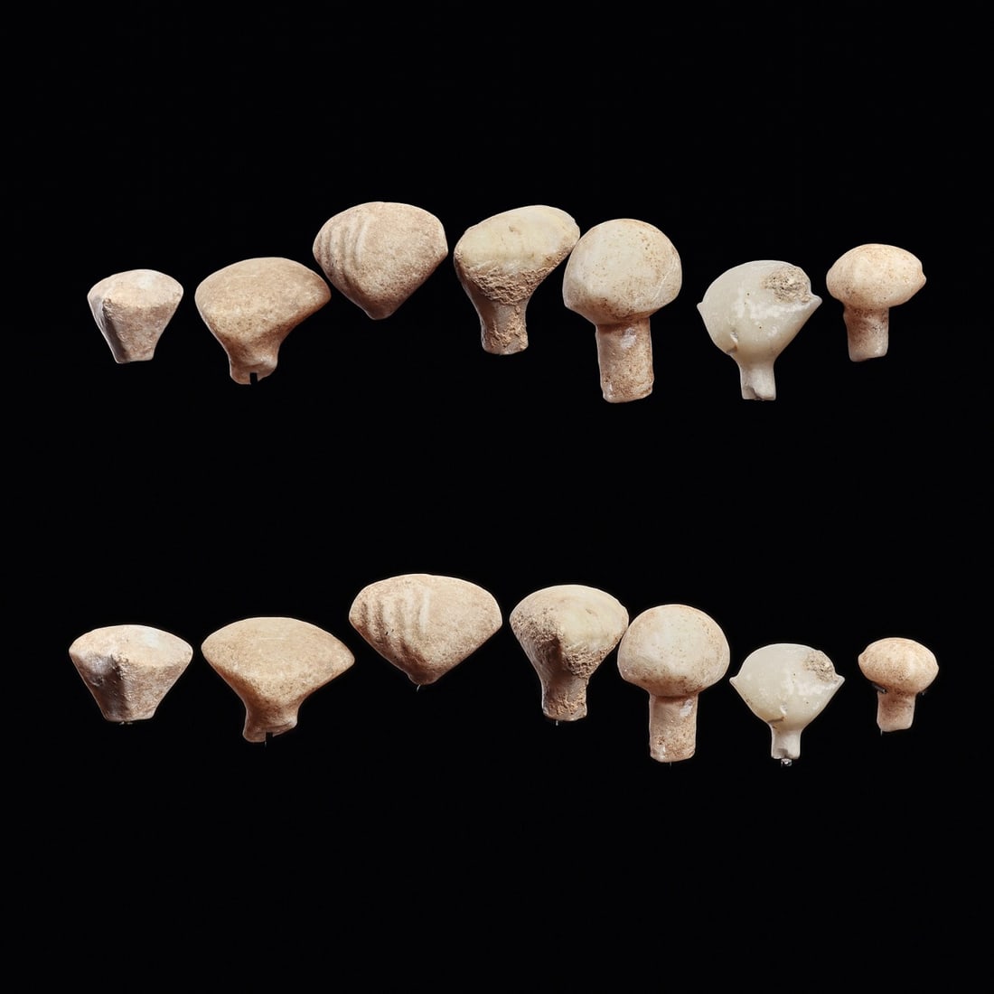 Kilia Small Marble Heads (7): Anatolia, ca. 2800 - 2200 BCE. Group of seven similar, but different carved white marble heads, originally from figures. Two have tiny projecting ears and one has four vertical relief lines down the r