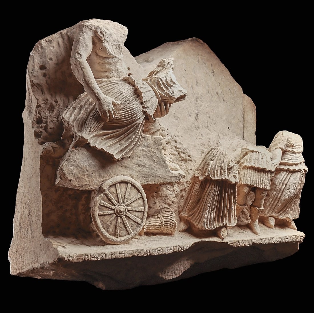 Large Greco-Roman Limestone Fragment Persephone Being Abducted by Hades Scene: Magna Graecia, ca. 340 BCE - 200 CE. Large carved limestone frieze fragment depicting Persephone abducted by Hades, depicted as a bare chested warrior standing in a chariot holding the captive
