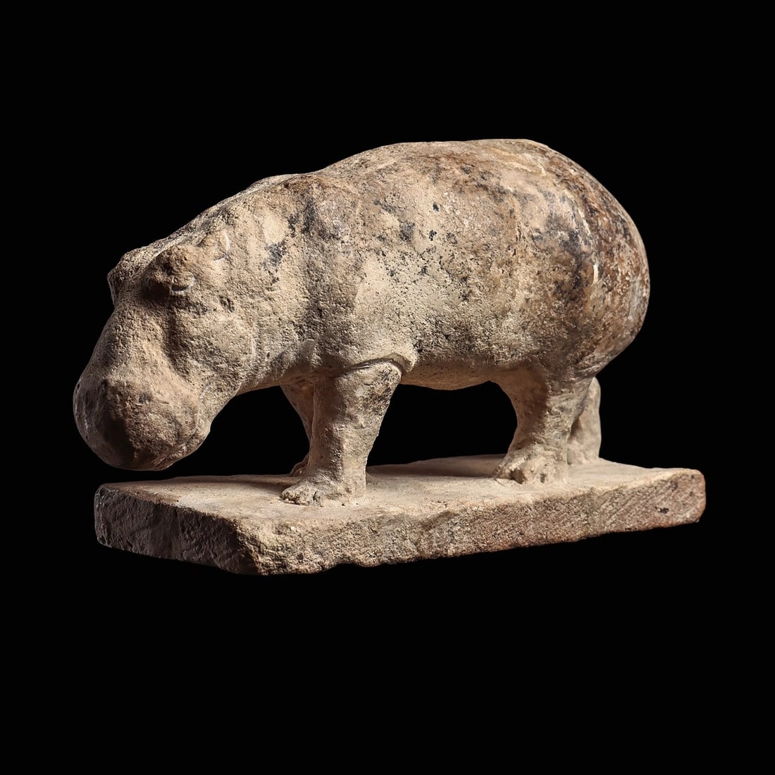 Egyptian Stone Votive Hippopotamus Figurine: Egypt, late Period, XXVI Dynasty, ca. 650 BCE. Exceptional carved white stone votive hippopotamus, standing on an integral rectangular plinth base, with its typical barrel-shaped body, short legs, and