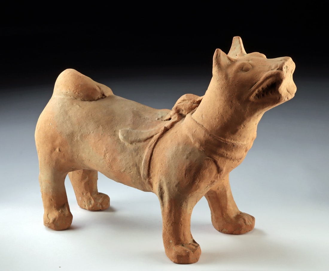 Han Dynasty Pottery Dog Figure, Pricked Ears and Curled Tail: Asia, China, Han Dynasty., ca. 206 BCE - 220 CE. Earthenware hound stands foursquare, ears pricked and tail tightly curled, its vigilant stance evoking the steadfast guardians prized in early imperial