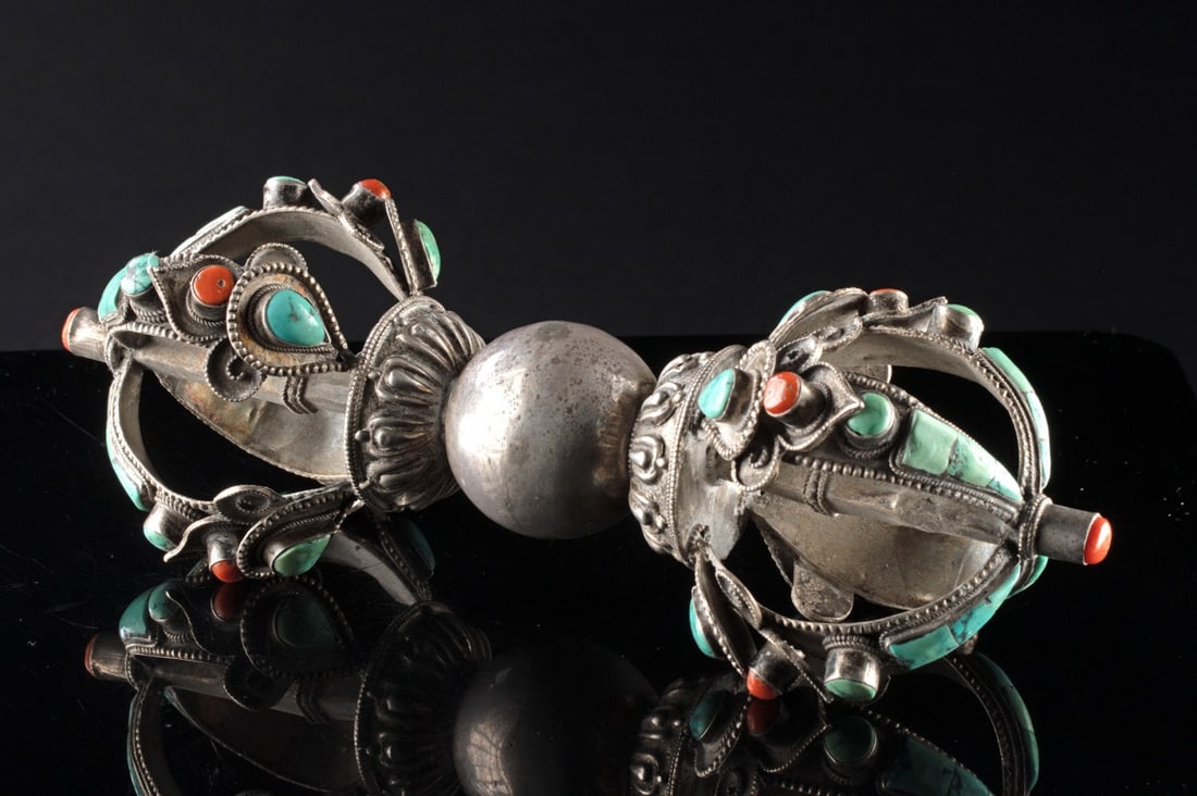 19th C. Tibetan Sterling Silver Double Dorje, Natural Turquoise & Coral: Central Asia, Tibet., ca. 1800 - 1899 CE. A remarkable sterling silver double dorje (vajra) inlaid with precious turquoise and coral, representing indestructibility and spiritual power within tantric 