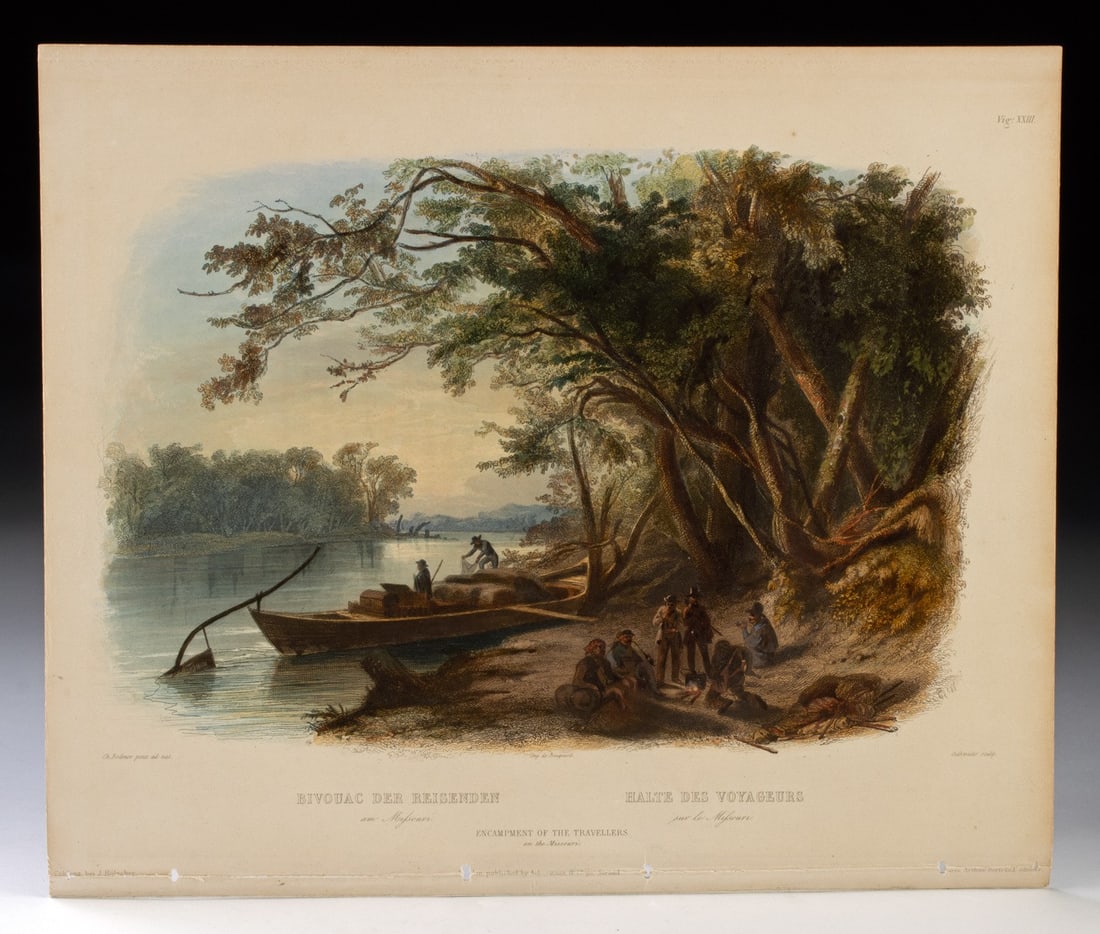 Karl Bodmer Engraving "Encampment...": Karl Bodmer (Swiss-born, 1809-1893)., ca. 1832 - 1834 CE. Encampment of the Travellers on the Missouri(Tableau 23 from "Travels in the Interior of North America, 1832-1834"); Paris, Coblenz, and Londo
