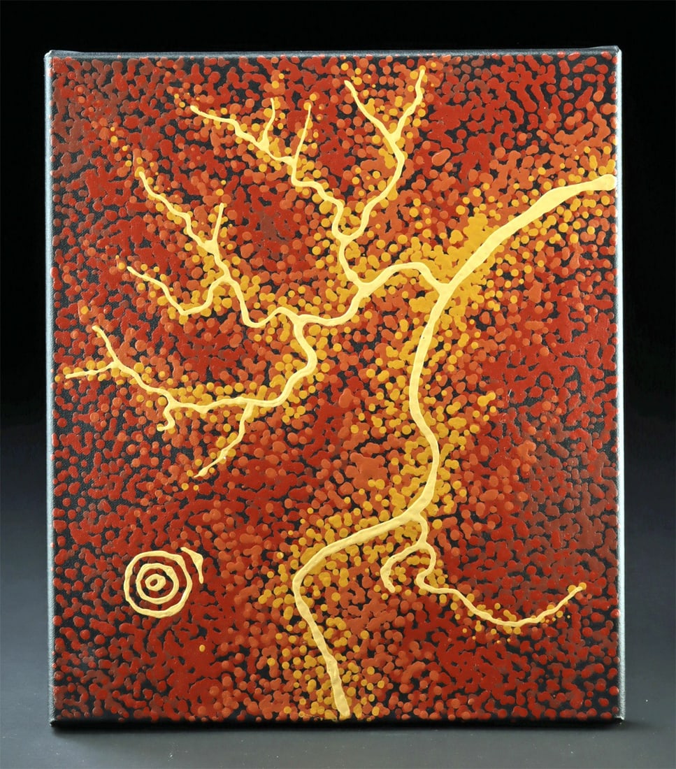 William King Jungala, 'Earth Images," Aboriginal Painting, 2001: Australia, Aboriginal., ca. 2001 CE. Painting by noted artist William King Jungala titled "Earth Images." In brick red and yellow against a black background, this painting represents areas familiar to