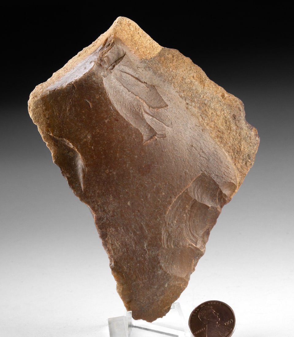 Rare Neanderthal Mousterian Golden Jasper Unifacial Biface Hand Axe: Western Europe, France, Velleches, Fontmaure Open Site, Mousterian., ca. 80,000 - 40,000 BCE. Fashioned out of rich, golden jasper that the famous Fontmaure site is known for, this extraordinary unifa
