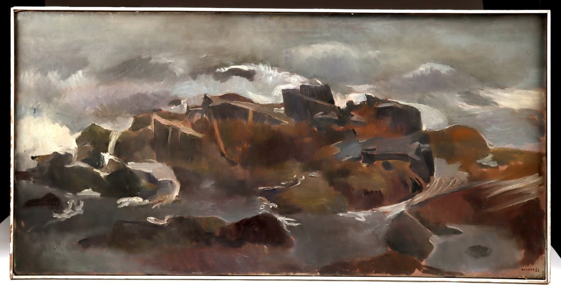 Edith Kramer Painting "Rock & Sea, Cranberry" (1968): Edith Kramer (Austrian born American, 1916-2014). "Rock & Sea, Cranberry" oil on linen, 1968. Signed and dated at lower right and again with title on verso. Signature on verso is in pencil with title 