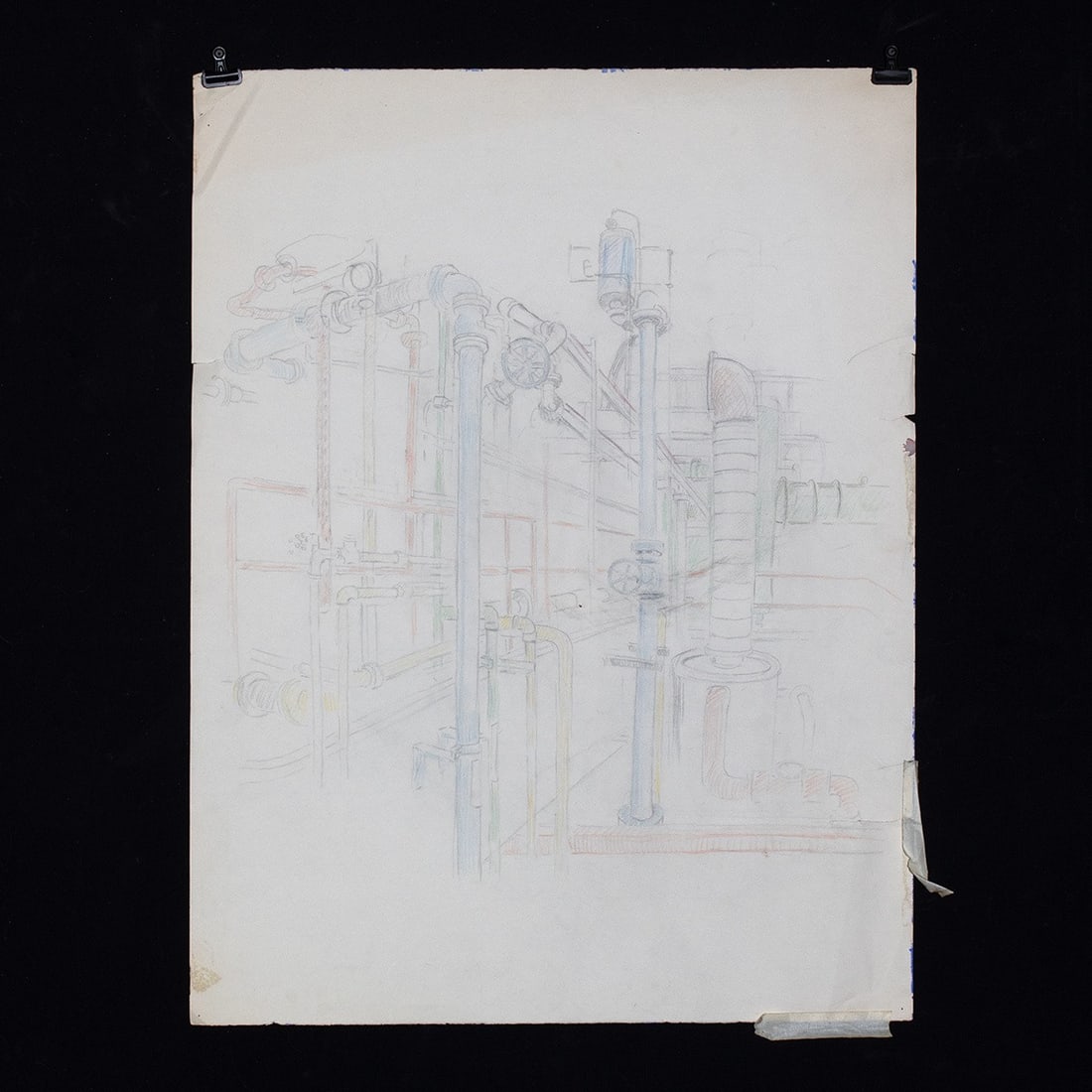 Edith Kramer Drawing, Industrial Pipes: Edith Kramer (Austrian born American, 1916-2014). Untitled (pipes). Pencil and colored pencil drawing on paper, n.d. Unsigned.. A delicately observed study of industrial plumbing rendered in graphite 