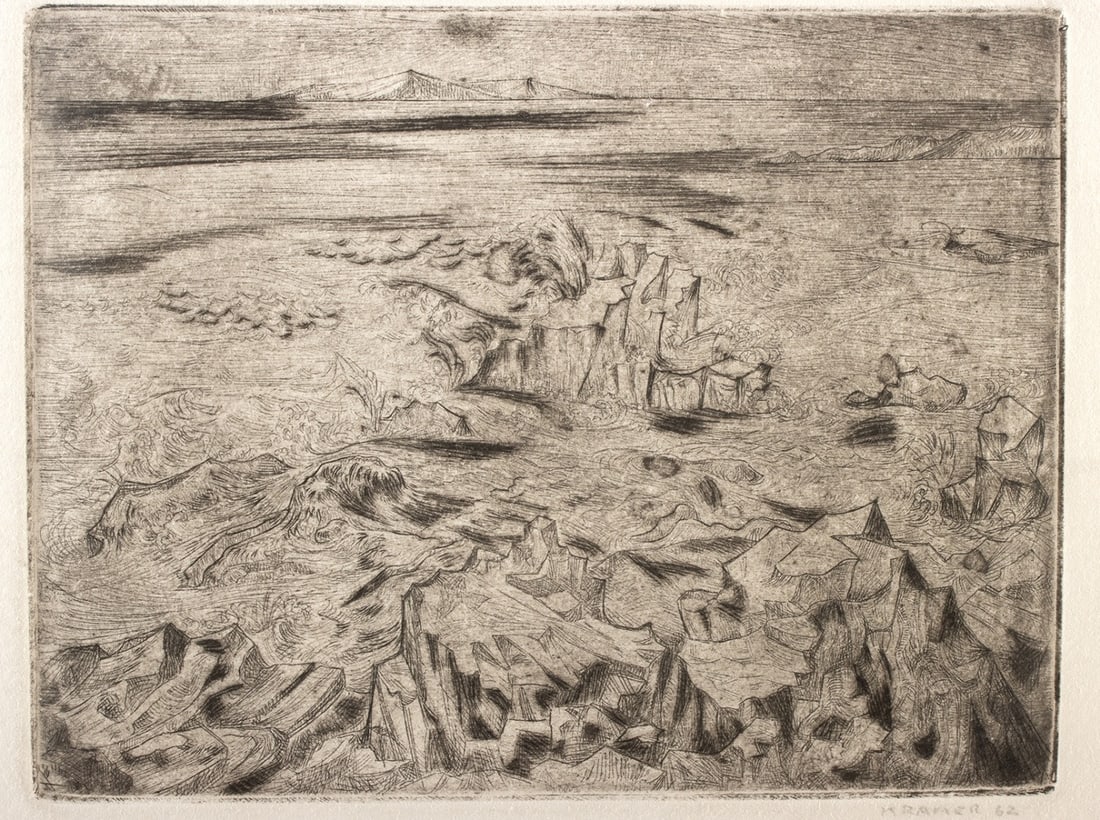 Edith Kramer Lithograph - Ocean & Rocks, Maine (1962): Edith Kramer (Austrian born American, 1916-2014). Ocean and Rocks, Maine. Lithograph on paper, 1962. Hand-signed and dated in pencil at lower right beneath print. A bracing Atlantic wind seems to move
