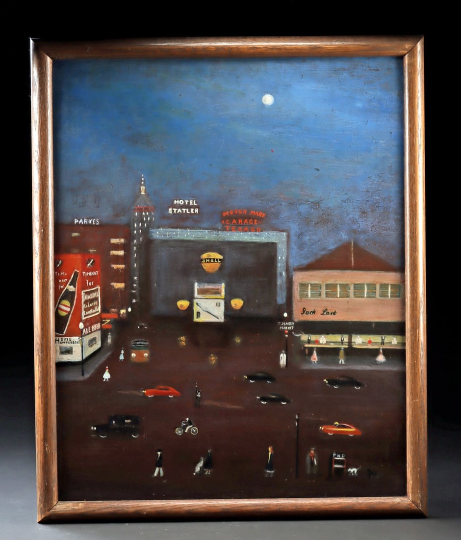 Mid-20th C. American Folk Painting - Boston Night Scene: Anonymous (American, active XX century). View of the Hotel Statler from Tremont Street in Boston. Oil on polychrome-decorated hardwood cabinet door panel, ca. 1955 to 1966 CE. Park Square, Boston, aft