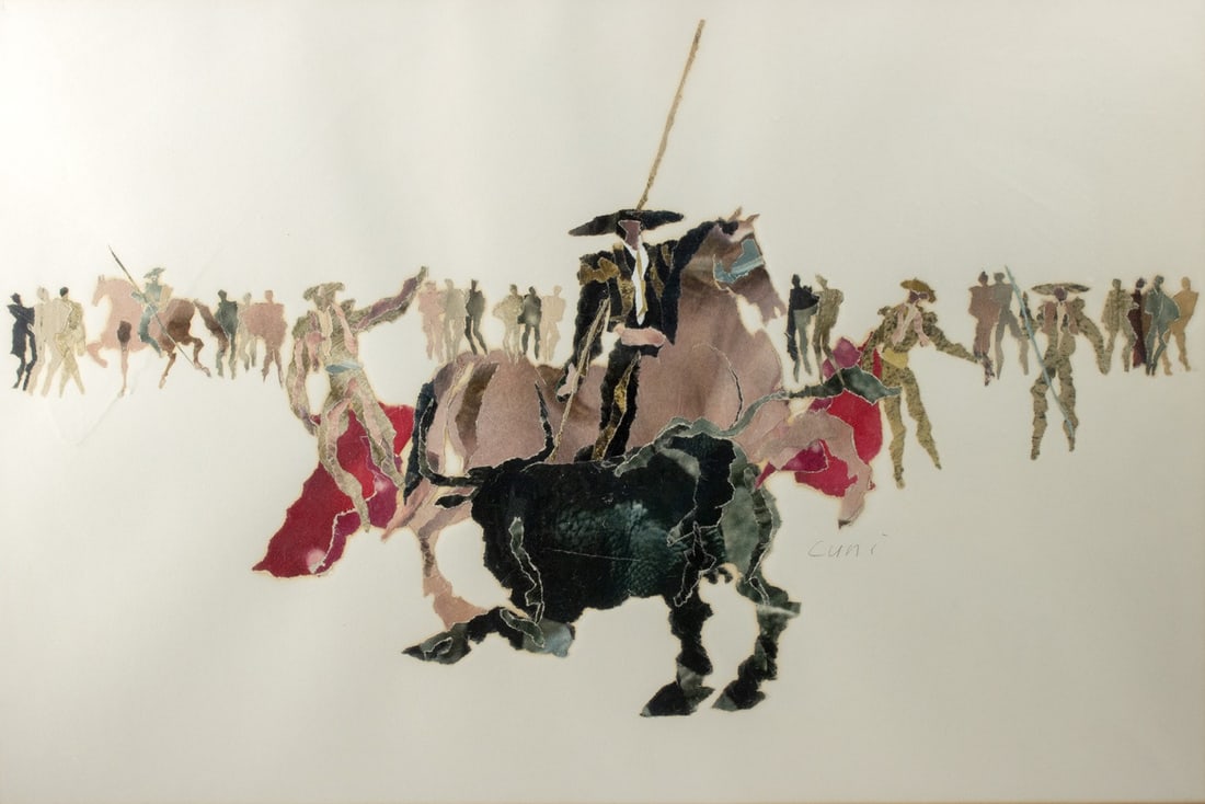 Jose Alfonso Cuni Collage "Bullfight": Jose Alfonso Cuni (Spanish, b. 1924). "Bullfight" mixed media collage, n.d. Signed at center right. A dramatic confrontation unfolds across a wide field of luminous white, where a charging black bull 