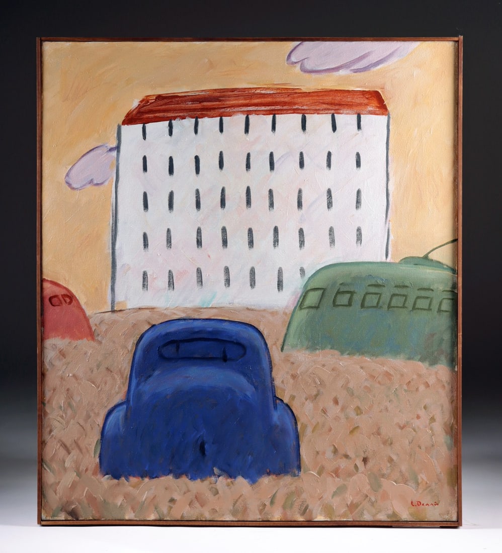 Lockwood Dennis "Two Cars, Trolley, Building" (1992): Lockwood "Woody" Dennis (American, 1937-2012). "Two Cars, Trolley, Building" oil on canvas, 1992. Signed on lower right. Signature, title, date and inventory number on the verso. A marvelous painting 