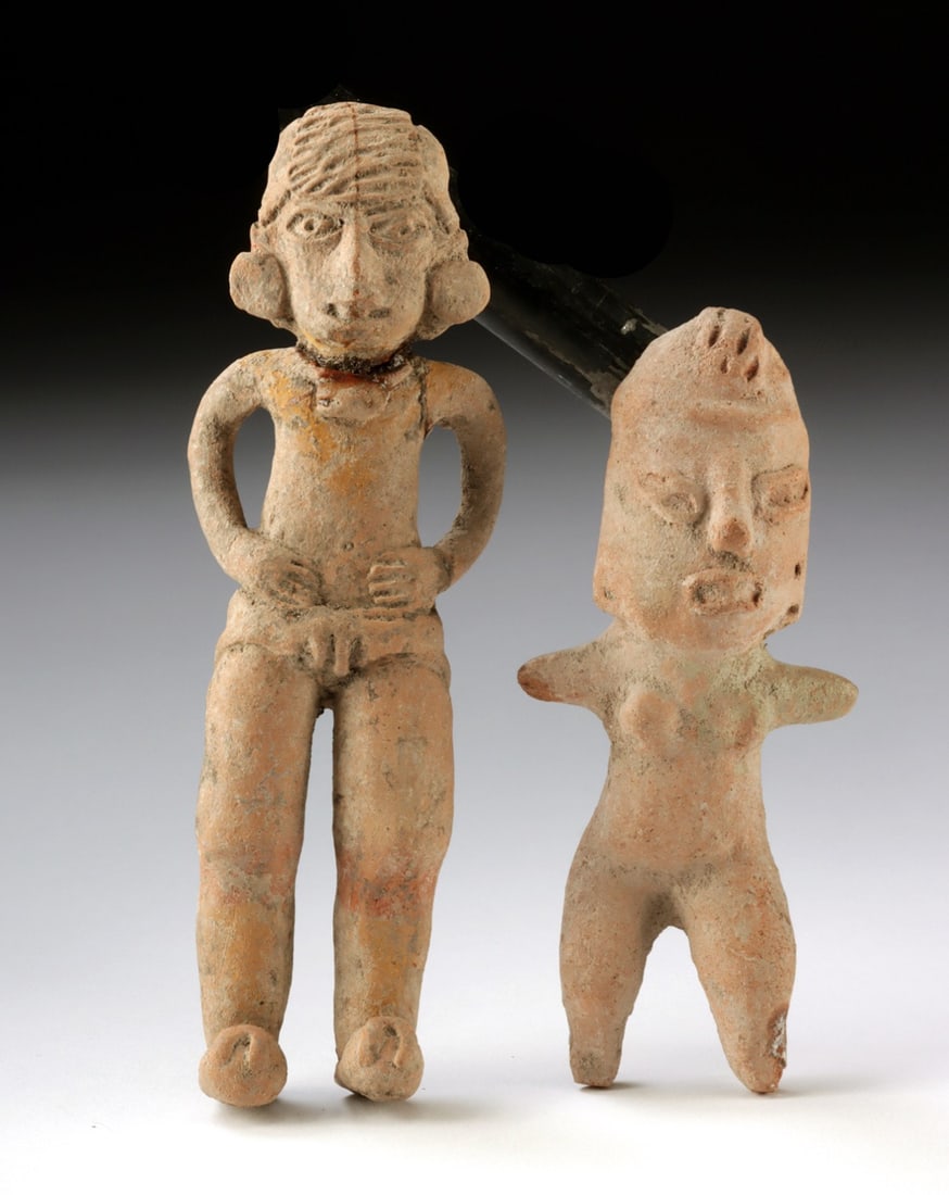 Two Guerrero Xochipala & Tlatilco Pottery Figures: Pre-Columbian, Mexico, Guerrero, Xochipala, ca. 13th to 10th century BCE; Central Mexico, Tlatilco, ca. 1200 to 400 BCE. A compelling pairing of two early Mesoamerican figural traditions, each capturi