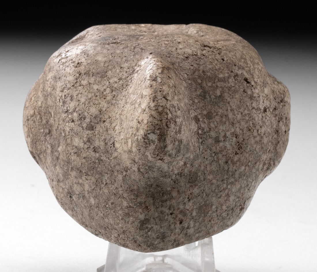 Guerrero Mezcala Greenstone Maskette Pendant: Pre-Columbian, Mexico, Guerrero, Mezcala culture, 700 to 200 BCE. A finely carved greenstone maskette pendant displaying the stark geometric abstraction characteristic of Mezcala lapidary art. The sma