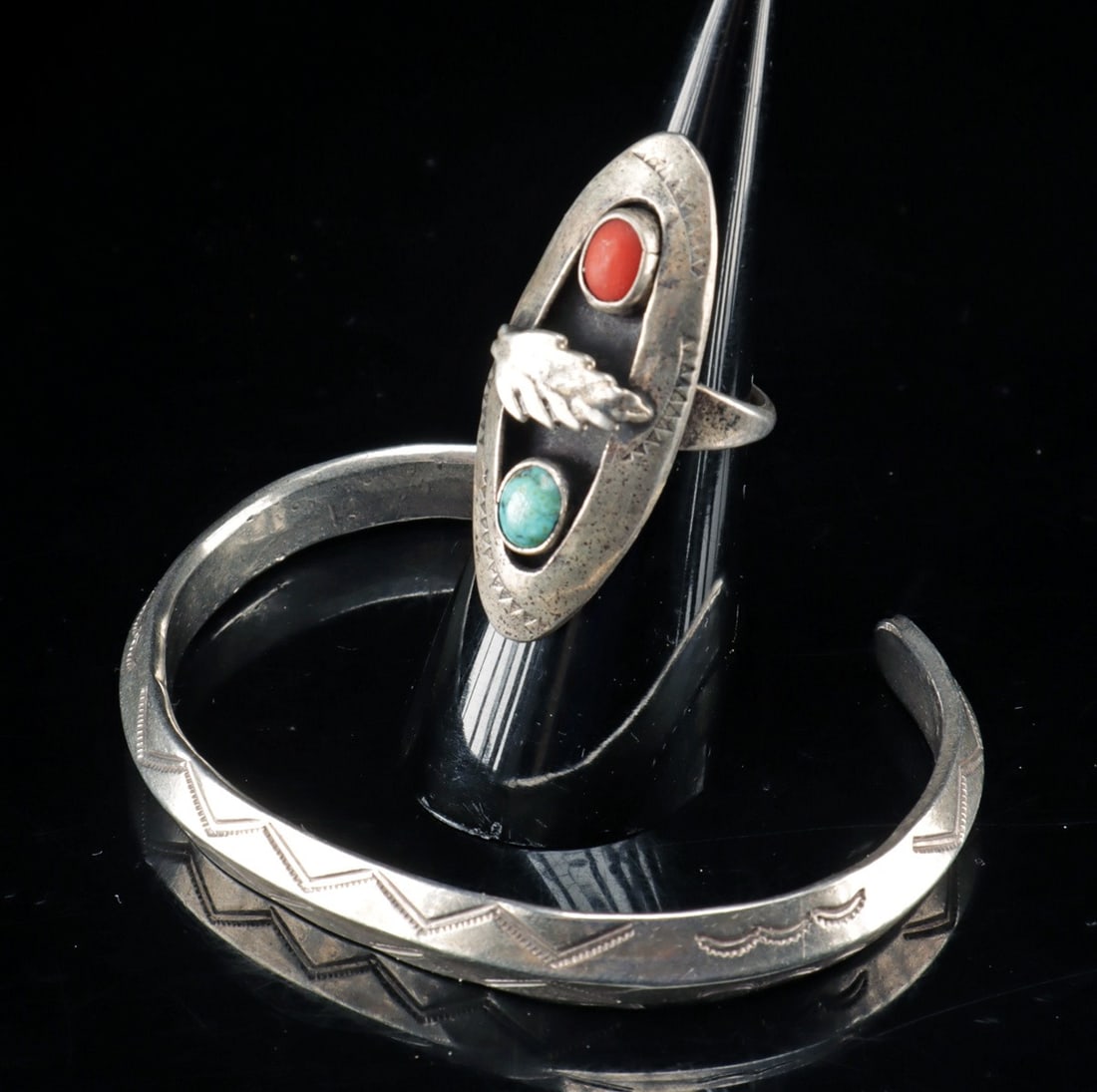 Native American Silver Ring & Bracelet Set w/ Turquoise: Native American, Southwest United States, Navajo or Zuni, ca. 20th century CE. A complementary pair of Native American silver jewelry pieces consisting of a shadow box style ring set with turquoise an