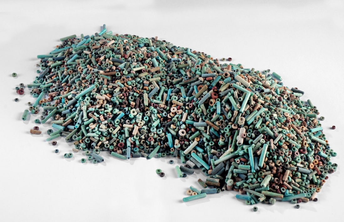 Thousands of Egyptian Faience Beads for Jewelry, 1 lb.!: Ca. 1500 - 1450 BCE. Ancient Egypt, New Kingdom to Late Dynastic periods. Great opportunity to try out one's jewelry making skills! One pound of loose faience beads in colors of green, brown, blue, ta