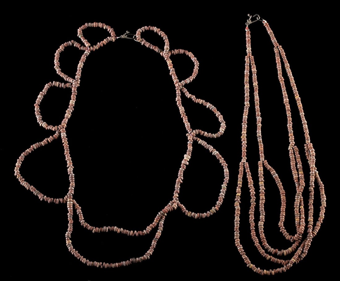 Pair of Egyptian Late Dynastic Faience Bead Necklaces: Egypt, Late Dynastic Period, 26th to 30th Dynasty, ca. 664 to 332 BCE. A harmonious pairing of ancient color and modern craftsmanship, this lot of two necklaces brings together authentic Egyptian Late
