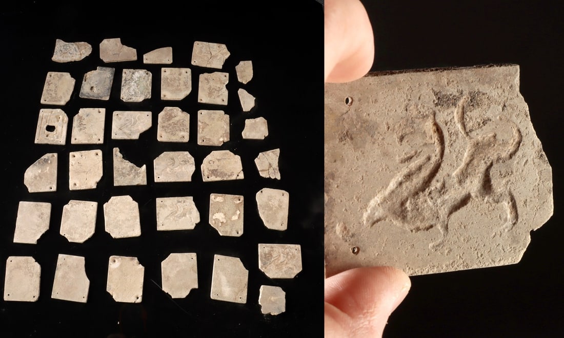 Han Glass Burial Suit Tiles, ex-Skinner & ex-Ellsworth: East Asia, China, Han Dynasty, ca. 206 BCE to 220 CE. A rare and intriguing assemblage of calcified glass burial plaques, once forming part of a funerary garment designed to protect and preserve the b