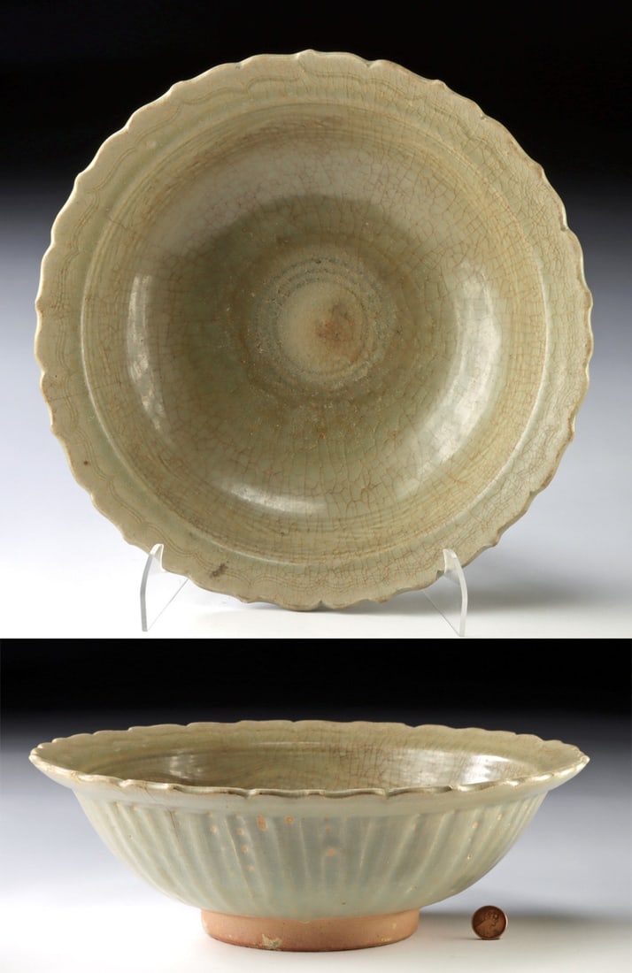 15th C. Thai Celadon Bowl w/ Scalloped Rim: East / Southeast Asia, Thailand, Sawankhalok culture, Sukhothai Period, ca. 15th to 16th century CE. A Longquan-type stoneware bowl covered in a soft sage-green celadon glaze, with a gently scalloped 