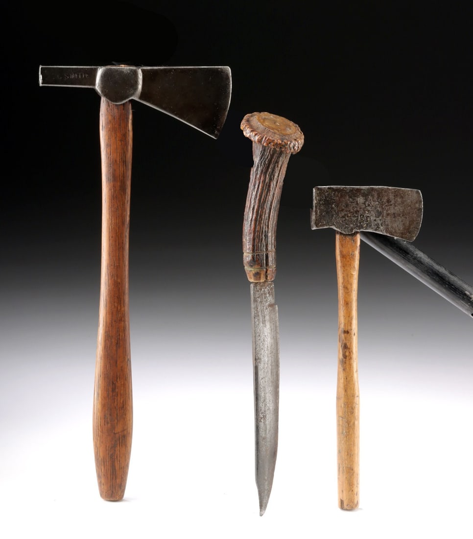 19th C. American Hatchets & Antler Handled Knife: United States, ca. 19th century CE. A knife and two hatchets of compact cale, well suited for fine wood shaping, carving, and detailed utility work. One larger axe bears a maker's stamp reading "CC Sm