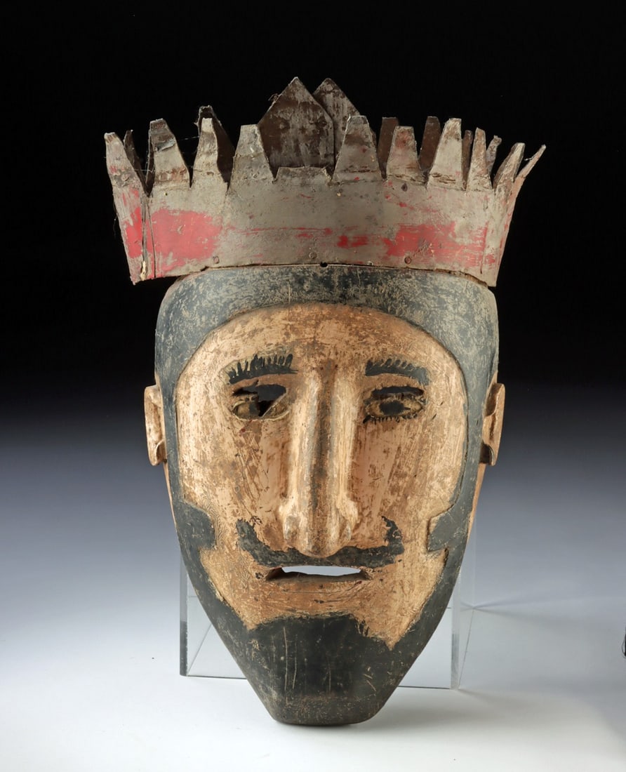 Mexican Nahua Mask - Iron-Crowned Moorish King: Latin America, Mexican, Guerrero, Nahua, ca. mid-20th century CE. A solemn crowned figure gazes forward with quiet authority, its elongated face and restrained expression evoking both dignity and thea