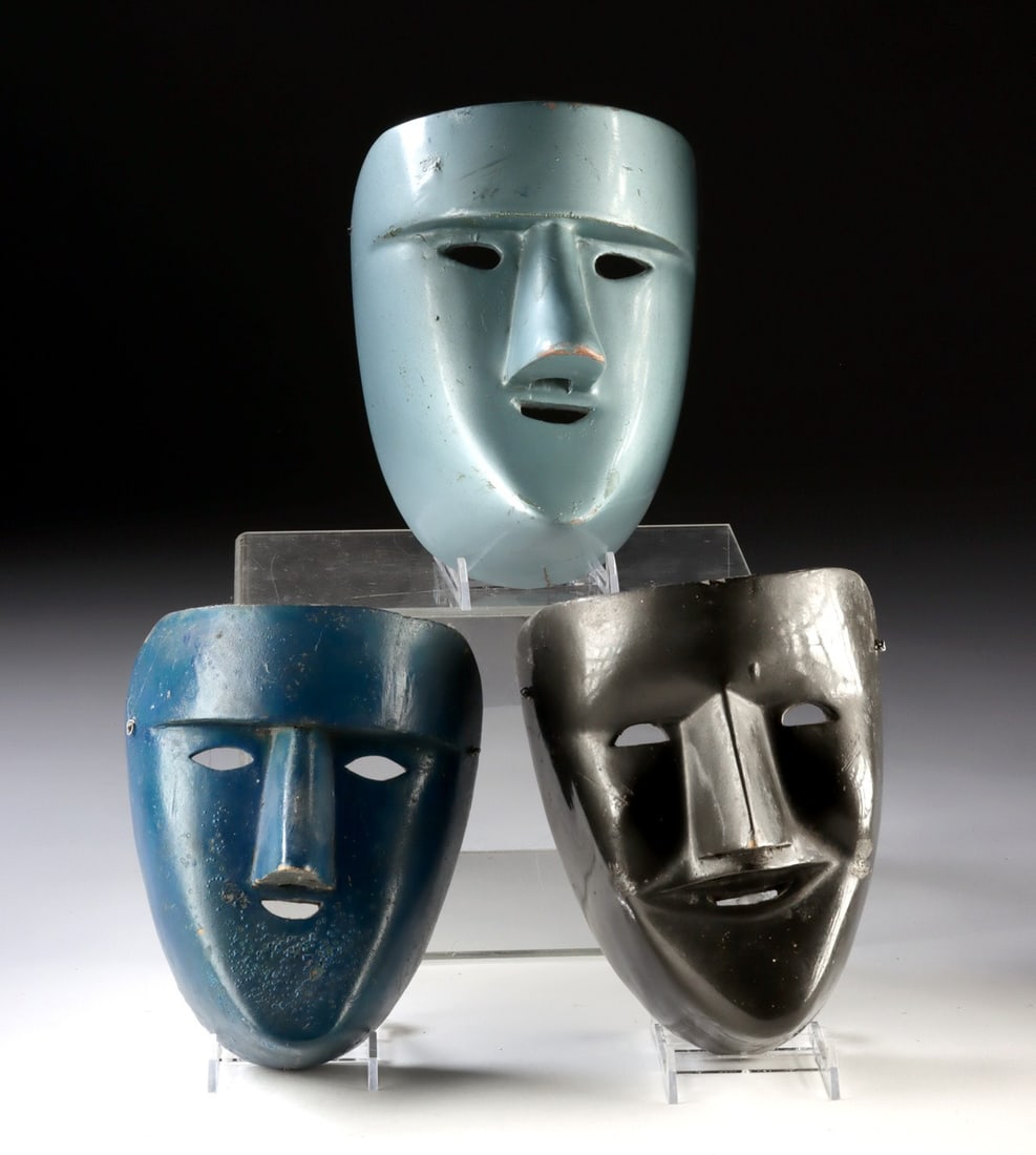 3 Vintage Mexican Cojo Masks, Danza Correr del Pocho: Latin America, Mexico, Veracruz, ca. mid-20th century CE. A rare grouping of three similar wooden festival masks known as Cojo, used in the Danza Correr del Pocho. Unlike most masks of this type found