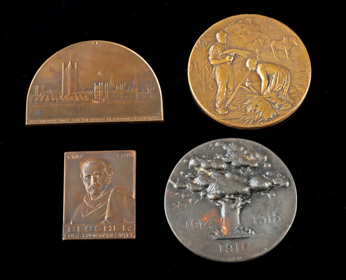 Four Historic European Commemorative Bronze Medals: Western Europe, Germany, France, & England, ca. 19th to early 20th century CE. A group of four medals representing military, civic, and commemorative themes. Included is a German World War I iron meda