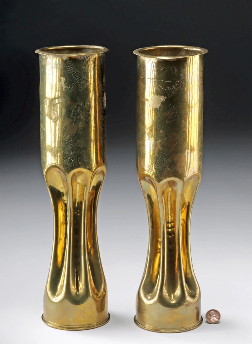 Pair WWI Trench Art Brass Shell Vases 1919 (1 of 2)